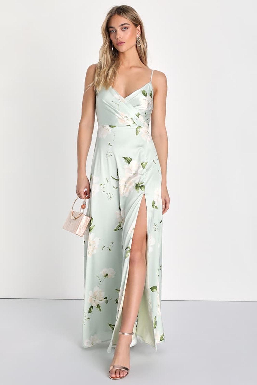Lulus Radiant Occasion Light Green Floral Satin A-Line Dress Cruise Vacation 1x
